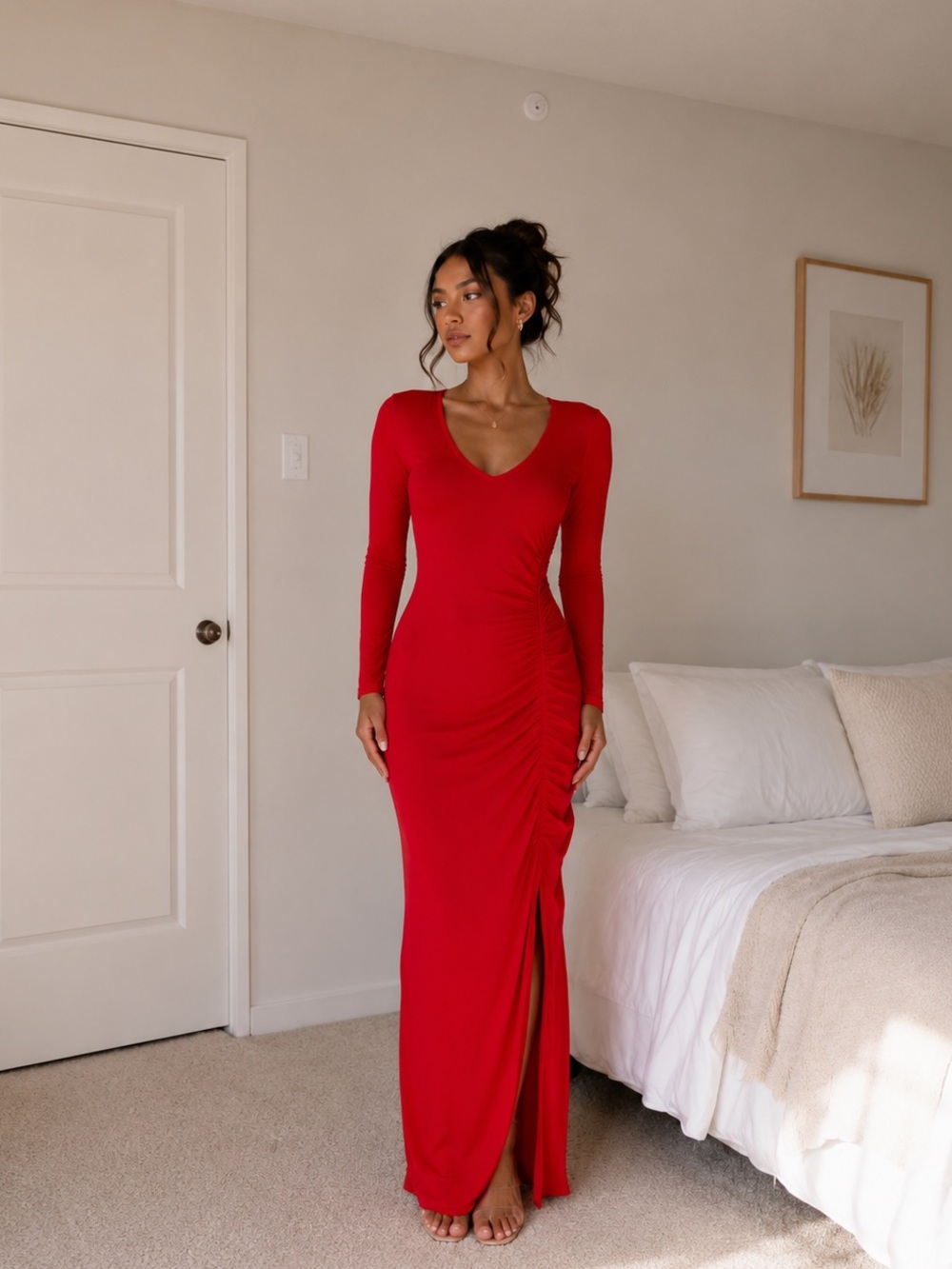 NWT SHEIN SXY Red Ruched Side Slit Maxi Dress | Size L